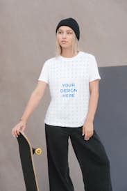 Woman wearing a T-shirt in the skatepark