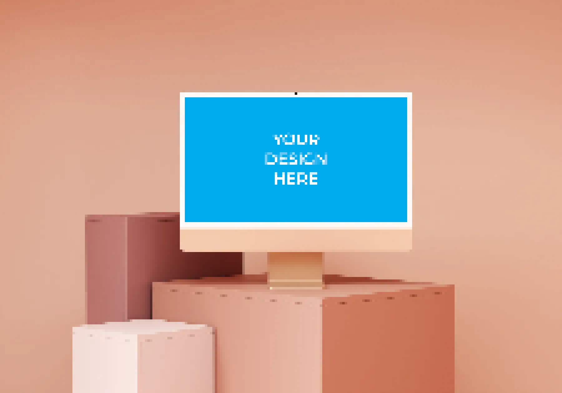 Coral iMac standing on the box in a minimalistic scene